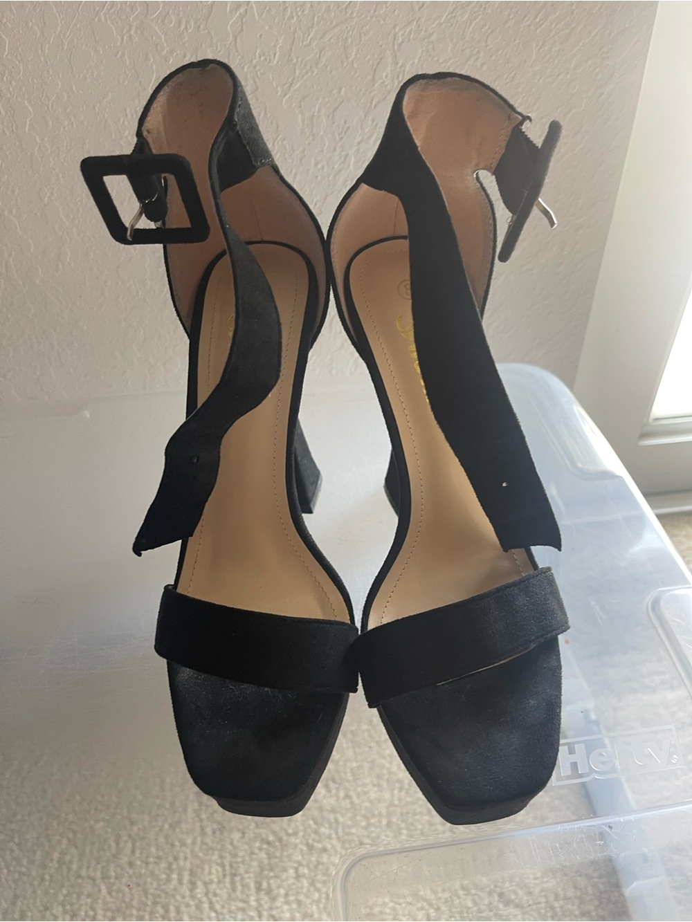 SHEIN Black Suede Platform Heels Ankle Strap Buckle | Size 8